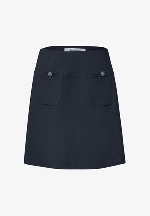 Jupe bleu marine foncé en ligne A avec deux poches avant, chacune fermée par un bouton, et une ceinture droite.