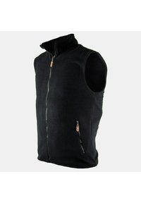 Gilet di pile nero con colletto alto, zip frontale completa e tasca con zip sul lato sinistro. Texture morbida e senza maniche.