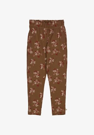 Brown stretchy leggings featuring a floral pattern in pink, white, and red. Elastic waistband, tapered legs, and soft cotton material.