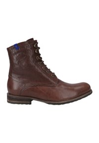 Bottine en cuir marron avec un bout arrondi, des lacets à l'avant et une petite étiquette bleu accentuée. Fini texturé avec une semelle robuste.