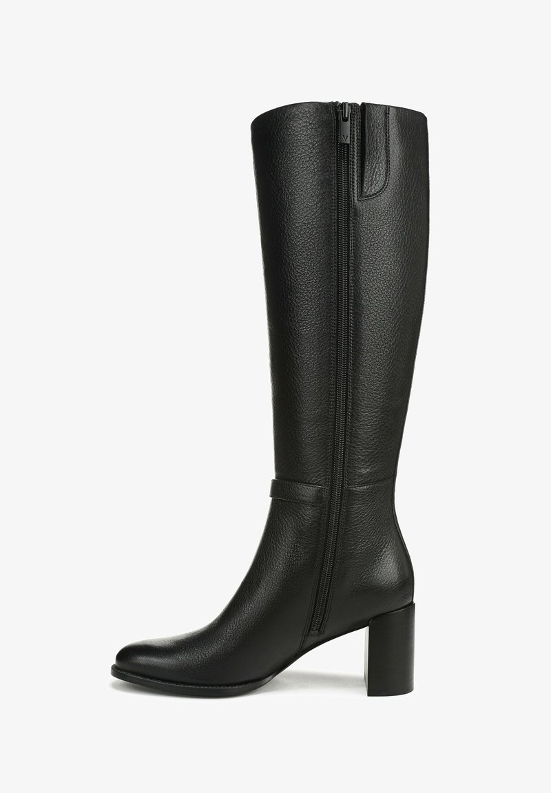 Zwarte leren kniehoog boots hebben een rits aan de zijkant, een ronde neus en een chunky hak. De gladde textuur en minimale details verbeteren het ontwerp.