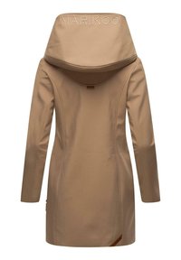 Beige stoffen jas met een grote, gevouwen capuchon, een slim fit en verticale naden. Voorzien van het logo "MARIKOO" geborduurd op de achterkant.