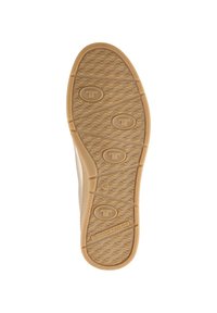 Brown rubber shoe sole with textured wave pattern, four circular logos, and a size marking "40." Smooth edges with a rounded toe.