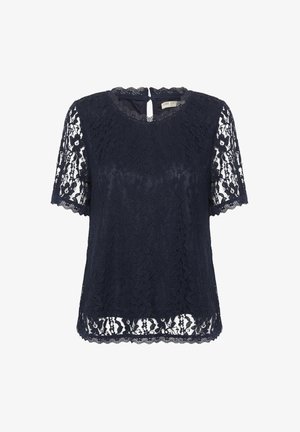 Tumedast õrn pitsist pluus lühikeste varrukatega, laineliste servadega ja ukseava taga. Omab lillelist pitsimustrit ühtse voodri üle.