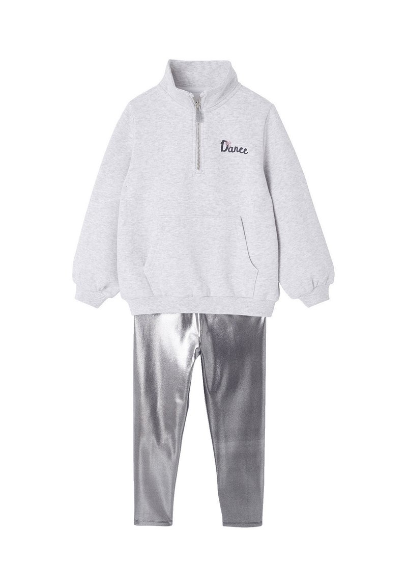 Gray zip-up sweatshirt with "Dance" embroidery and front pocket, paired with metallic silver leggings. Soft fabric, fitted design.