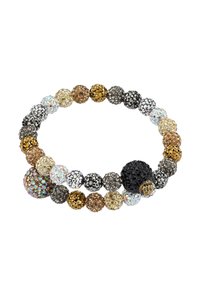 Bracciale elastico con perle metalliche rotonde in oro, argento, nero e bronzo, con texture glitterate e lisce, e una chiusura decorativa.