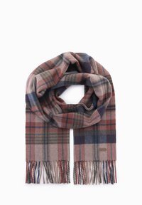 Vävd scarf i beige, rosa och marinblå med rutmönster; fransade kanter; mjuk textur; inkluderar en märkeslapp i läder.