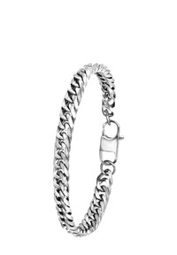Silver chain bracelet featuring interlocking links, a smooth texture, and a lobster clasp for secure fastening.