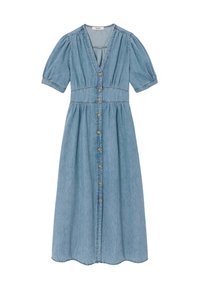 Robe midi en denim bleu clair avec des manches courtes bouffantes, un col en V, une fermeture à boutons à l'avant et une taille froncée, dotée d'un ourlet festonné.