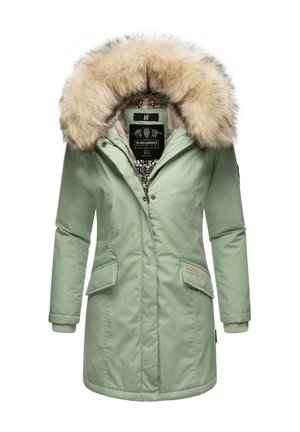 Light green insulated parka with a faux fur-lined hood, zip and snap closures, and two front pockets. Inner pattern features monochrome design.