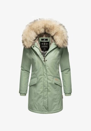 Light green insulated parka with a faux fur-lined hood, zip and snap closures, and two front pockets. Inner pattern features monochrome design.