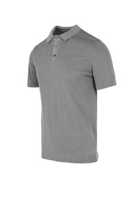 Grijze polo-shirt met korte mouwen, knoopsluiting bij de kraag en een rechte zoom. Gemaakt van zacht gebreid stof met een subtiele textuur.
