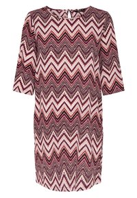 Sukienka do kolan z rękawami do łokci, z wzorem w zygzaki w odcieniach różu, fioletu i czerni na jasnym tle.