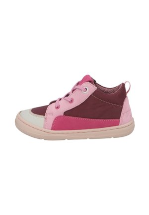 Child's high-top sneaker with layered pink, burgundy, and cream panels, pink laces, and a beige rubber sole.