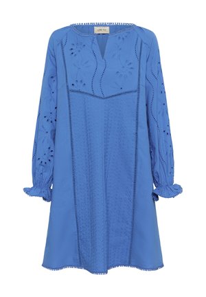 Blue long-sleeve dress with floral embroidery, eyelet details, ruffled cuffs, and a split round neckline.