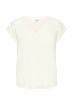 Kurzärmliges, V-Ausschnitt-Oberteil aus leicht cremigem Stoff. Verfügt über einen lockeren Schnitt mit glatter Textur und leicht abgerundetem Saum.