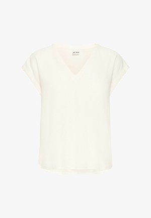 Kratka majica s kratkimi rokavi in V-izrezom iz svetle smetane. Ima sproščen kroj s gladko teksturo in rahlo ukrivljenim robom.
