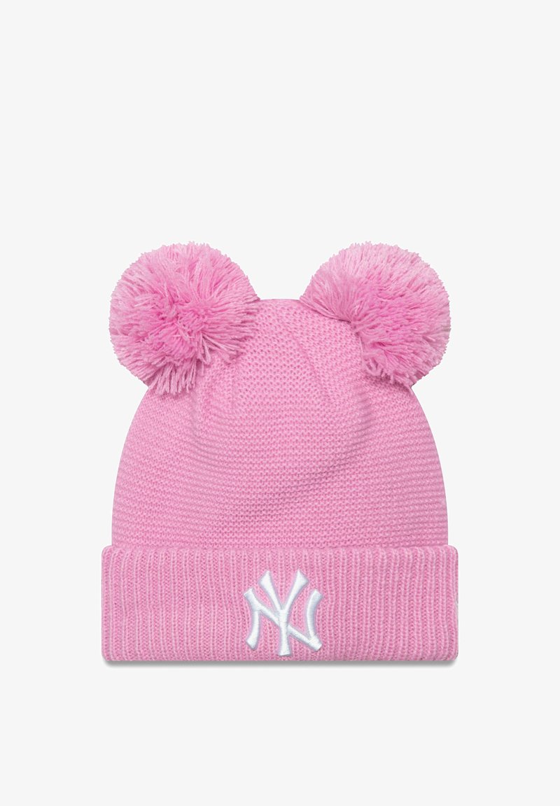 Pink knitted hat with two large pom-poms on top and a white embroidered New York Yankees logo on the folded brim.