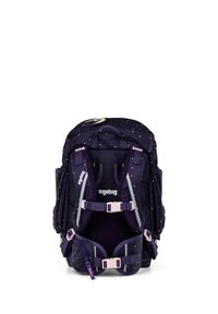 Purple ergonomic backpack with star pattern, pink hardware, adjustable straps, and a central logo patch; padded back and straps for comfort.
