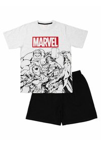 Maglietta di cotone grigia con un grande logo rosso "MARVEL" e personaggi in stile fumetto neri, abbinata a pantaloni corti neri di cotone. Design semplice e casual.