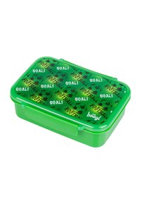 Zielona plastikowa torba na lunch w kształcie prostokąta, z wzorem piłki nożnej i napisem "GOL!", posiada przezroczystą pokrywkę oraz bezpieczne zapięcie.