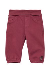 Bordeaux rekbare babybroekjes met elastische tailleband, twee voorzakken en een hartvormige geborduurde accent op het linkerbeen.