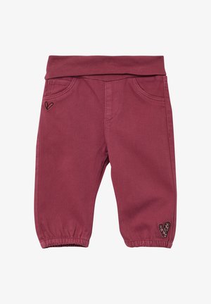 Burgunderfarbene Stretch-Babypants mit elastischem Bund, zwei frontalen Taschen und einem herzförmigen gestickten Akzent am linken Bein.