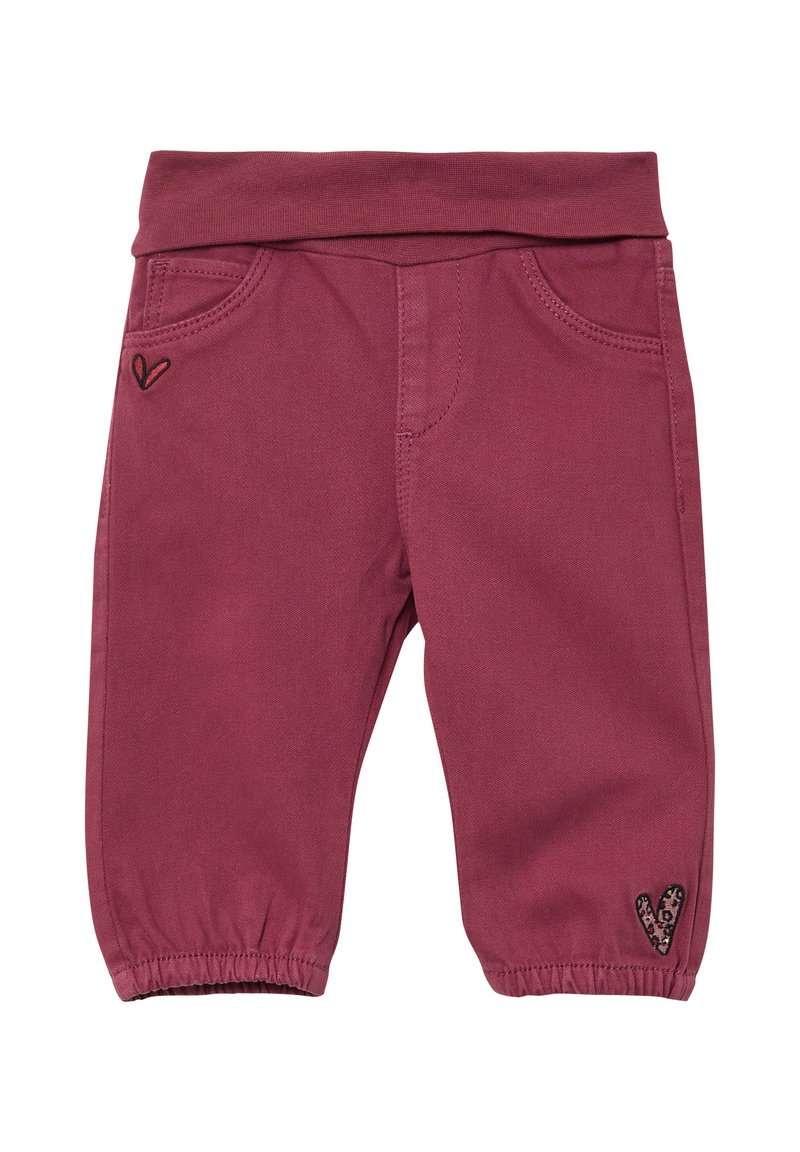 Bordeaux rekbare babybroekjes met elastische tailleband, twee voorzakken en een hartvormige geborduurde accent op het linkerbeen.