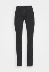 Jeans ajustados de mezclilla negra, con una cintura alta, diseño de cinco bolsillos, trabillas para cinturón y detalles de costura sutiles para un aspecto ajustado.