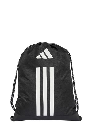 Black drawstring backpack made of textured fabric with white three-stripe logo and contrasting rope straps. Features a reinforced bottom.