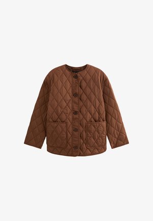 Bruine doorgestikte jas met een ronde halslijn, knoopsluiting en twee voorzakken. De stof heeft een gladde textuur en een diamantpatroon.