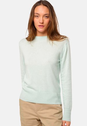 Pull léger vert menthe en matériau doux. Encolure ras du cou, manches longues et poignets et ourlet côtelés. Design simple et ajusté.