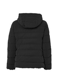 Giacca a vento nera con cappuccio, design trapuntato con cuciture orizzontali e una texture liscia e isolante. Senza dettagli in metallo visibili.