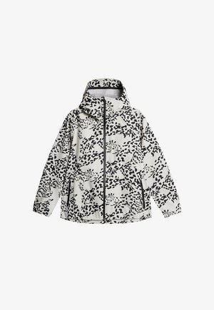 Leichte, kapuzenjacke in Creme mit schwarzem abstraktem Muster, durchgehendem Reißverschluss vorne und elastischen Bündchen. Zwei Vordertaschen. Wasserabweisendes Material.