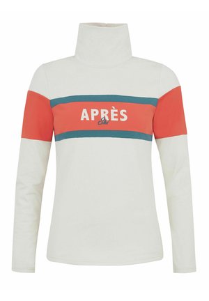 Top de manga larga blanco con cuello alto; rayas horizontales en coral y verde azulado con el texto "APRÈS Ski" en el centro. Textura de tela suave.
