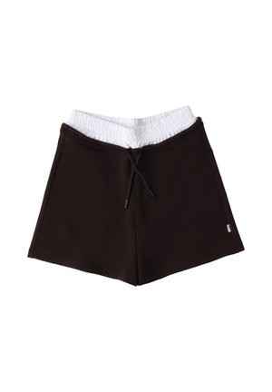 Pantalones cortos negros con una cintura elástica blanca y cordón negro, hechos de tela suave, mostrados planos sobre un fondo blanco.