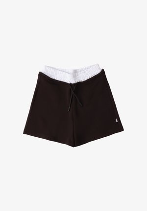 Pantalones cortos negros con una cintura elástica blanca y cordón negro, hechos de tela suave, mostrados planos sobre un fondo blanco.