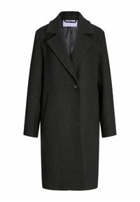 Cappotto check verde scuro realizzato in tessuto tessuto, caratterizzato da un colletto a punte, chiusura con un solo bottone e tasche laterali con una vestibilità rilassata.