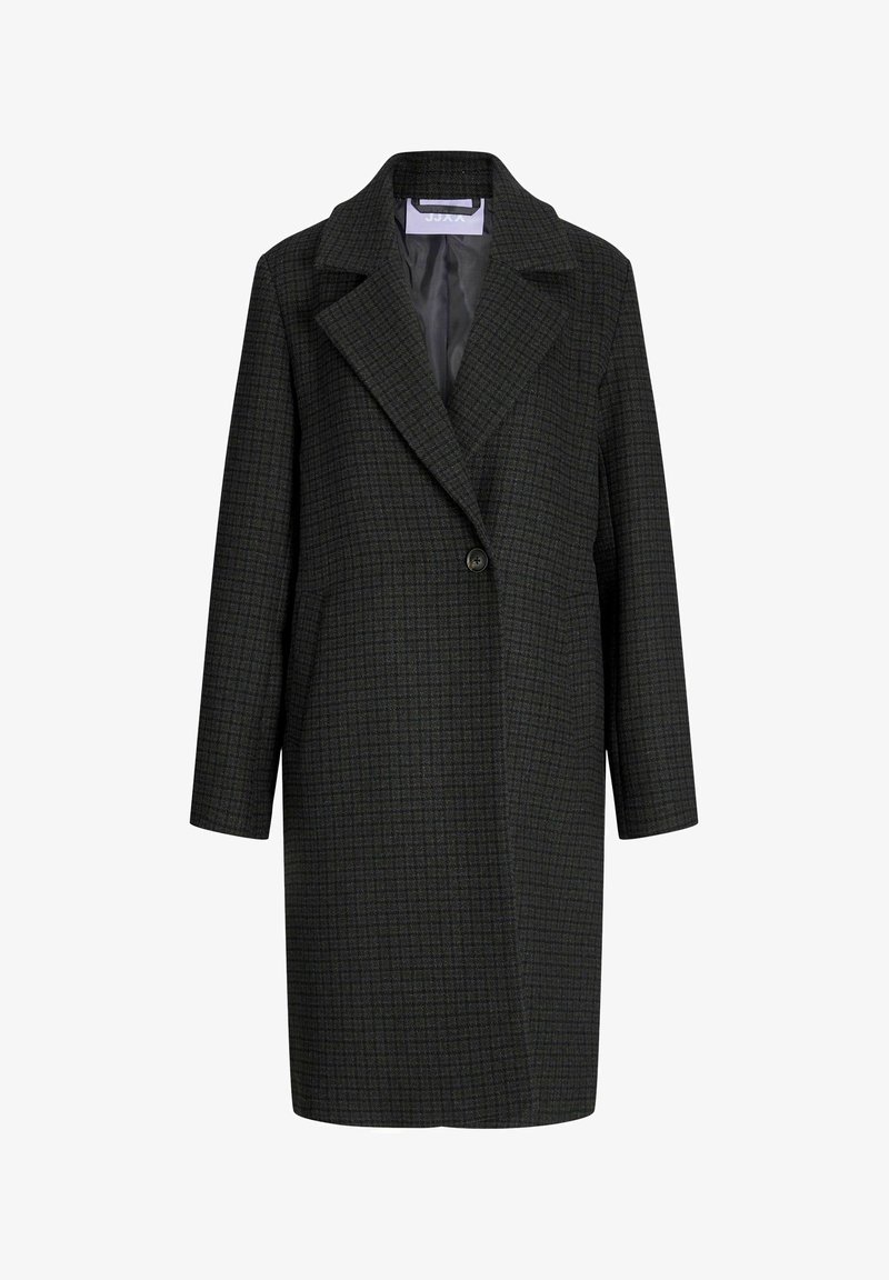 Tamnozeleni karo kaput od tkanog materijala, s izrezanim ovratnikom, zatvaranjem na jednu dugmad i bočnim džepovima, uz ležeran kroj.