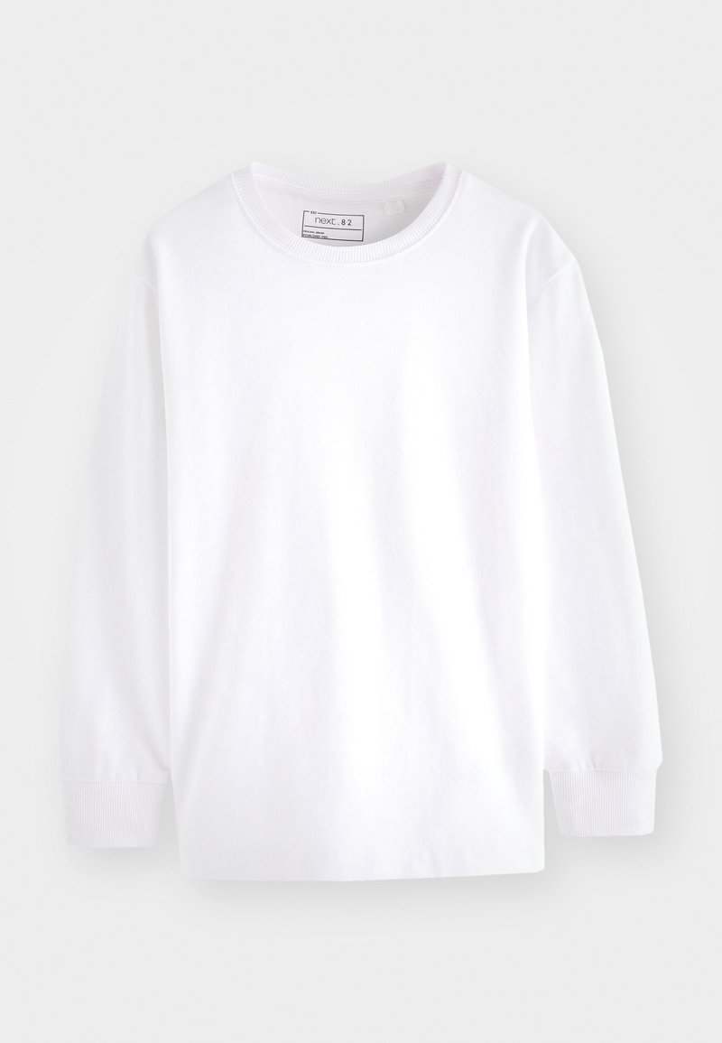 Langærmet hvid bomulds-T-shirt med rund hals og ribbede manchetter. Simpelt design, uden dekorationer, letvægtsstof.