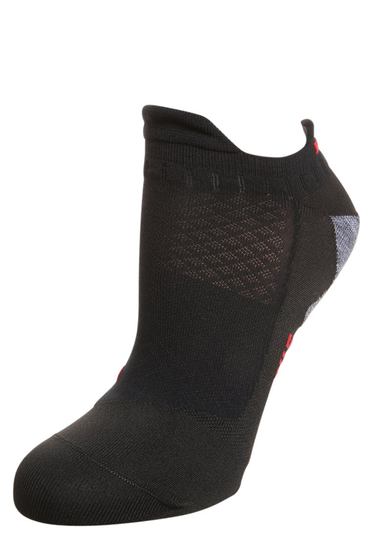 Calzino nero alla caviglia realizzato in un materiale testurizzato con un bordo aderente. Presenta un accento grigio e un logo rosso sul lato.