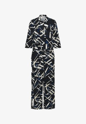 Drukāts kombinezonā ar melnu pamatu un baltām un zilām abstraktām otas sitienu rakstiem, ar apkakles izgriezumu un jostu jostasvietā.