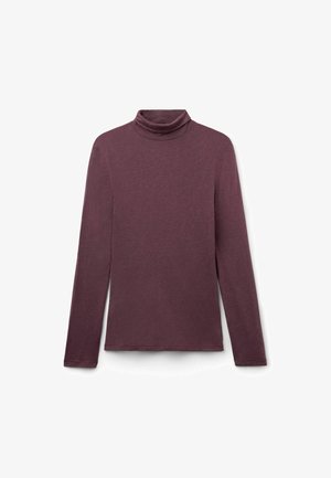 Haut col roulé bordeaux fabriqué en tissu doux et extensible. Il présente des manches longues et un col haut roulé. Pas de motifs ou d'ornements visibles.