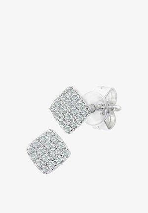 Ruutujakujulised kõrvarõngad hõbedase viimistlusega, millel on mitu väikest läbipaistvat kristalli ruudustiku mustris, andes tekstuurse välimuse.