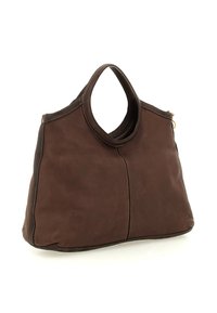 Borsa a tracolla in pelle marrone con parte superiore arrotondata e doppio manico, caratterizzata da cuciture a contrasto e una texture liscia. Nessun dettaglio hardware visibile.