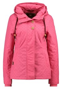 Giacca impermeabile rosa con cappuccio, caratterizzata da piccoli pois neri, bottoni in legno e lacci regolabili. Tessuto liscio e testurizzato.