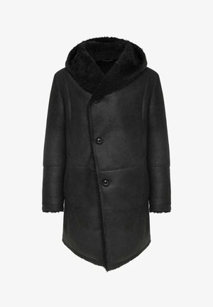 Black shearling coat with a wide, textured hood, featuring two buttons and a curved hem. Soft interior lining adds warmth and comfort.