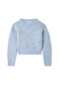 Jasnoniebieski krótkie sweter z teksturowanej tkaniny, z wielokolorowymi plamkami w kolorze różowym, żółtym i zielonym. Żebrowany dekolt i mankiety.