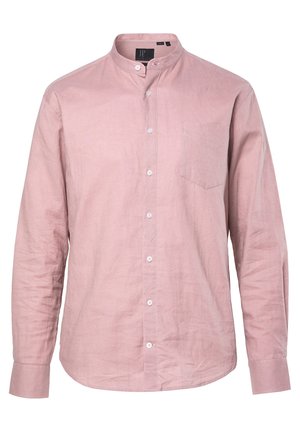 Langærmet skjorte i lyserødt stof med ståkrave, knaplukning, enkelt brystlomme og en diskret tekstureret overflade.
