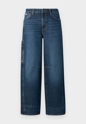 Dark blue denim wide-leg jeans with a high waist, five pockets, and a button closure. Features subtle stitching details and a relaxed fit.